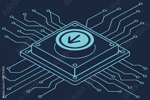 isometric, digital circuit board, glowing v icon, circuit traces, holographic, neon, abstract, futuristic, cyberpunk, 3d render

