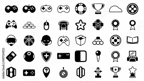 A playful collection of gaming icons showcases the excitement and fun with simple black white