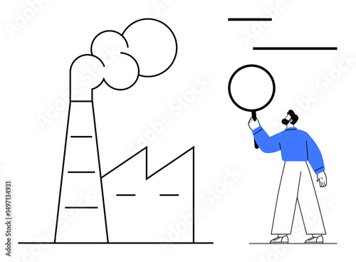 Factory releasing smoke from its chimney with a person holding a magnifying glass symbolizing observation and analysis. Ideal for sustainability, environment, research, industry, pollution, advocacy