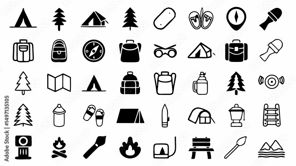 Fototapeta premium Celebrating the Journey with Camping Gear from Tent to Trail in Essential Outdoor Adventure Icons