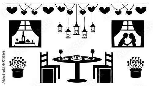 Romantic Valentine s dinner setting with hearts and hanging lanterns creating an intimate scene in