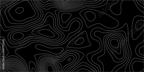 Abstract white on black background with Topographic line map pattern. abstract wavy and curved lines background. linear map. Dark seamless design. Bold tile able isolines pattern. Vector illustration.