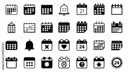 Planning ahead with a diverse set of calendar icons showing appointments deadlines in a clean black