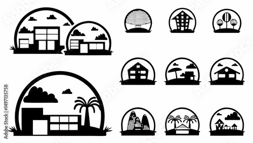 Black and white scenic estate icons capturing idyllic vacation homes and holiday getaways vector