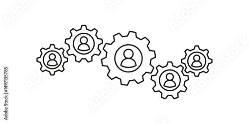 Group business people in gears, line drawing. Team progress, brainstorm, training. Vector illustration