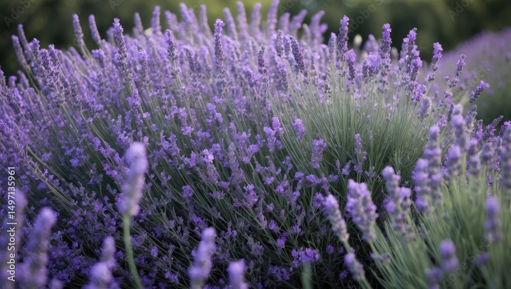 Obraz premium Lavender plants in full bloom, showcasing vibrant purple flowers and green stems, creating a fragrant and colorful garden scene.