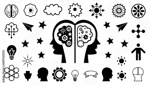 Minds in motion gears turning brainstorming ideas collaboration towards creative with clean black