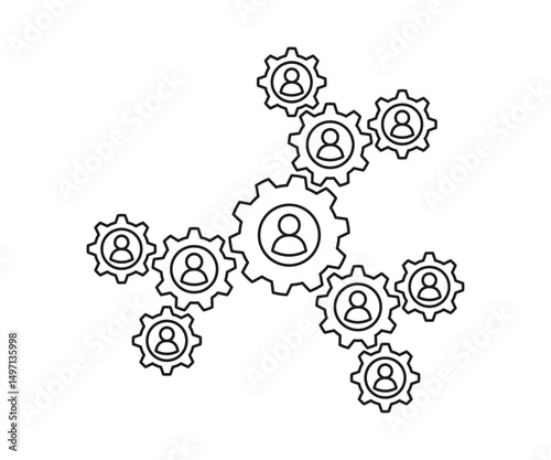 Gears for synergy work of business team, line art. Partnership in organization. Workforce, employee. Collaboration for success results. Vector illustration