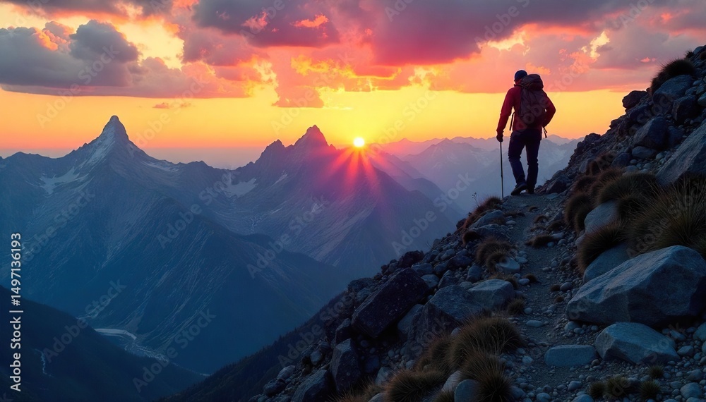 Fototapeta premium Silhouette of a lone mountaineer hiking a steep, rocky mountain trail at sunset Epic view of rugged peaks and dramatic sky Challenging climb, adventurous spirit , peak, wilderness