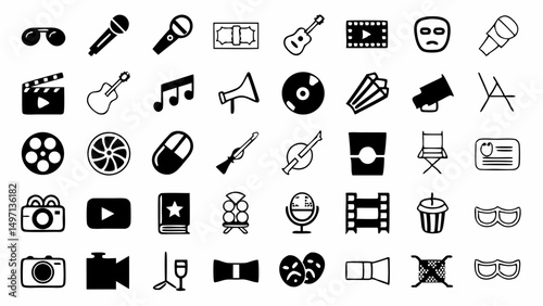 A collection of artistic and performance icons representing music film and theatre with simple