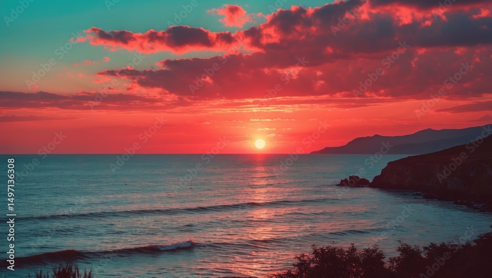 Sunset over the ocean from the beach with colorful clouds and silhouettes of coastline. Nature scenery and tranquil atmosphere. Scenic view of the sunset at the seaside. Sunset over the ocean from the beach with colorful clouds and silhouettes of coastline. Nature scenery and tranquil atmosphere. Scenic view of the sunset at the seaside.