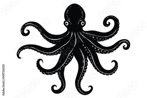 Vector illustration of an ornate vintage octopus with swirling patterns and fish, perfect for a tattoo design or ocean-themed art