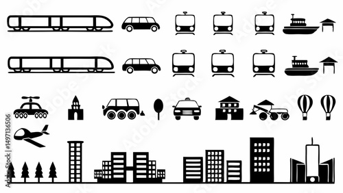 A modern urban landscape showing trains cars boats and planes in a minimalist line art style with