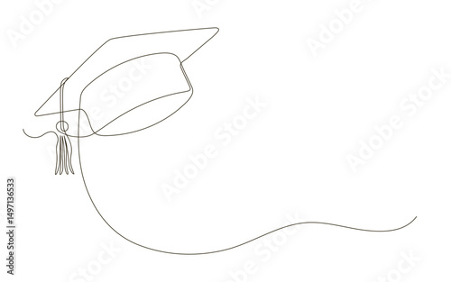 Graduation cap continuous one line drawing. Festive graduation from university. Vector isolated illustration with copy space