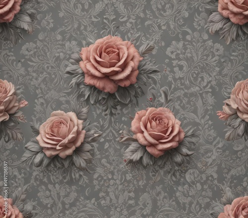 Intricate damask pattern with roses on a muted grey backdrop, antique, subtle, home