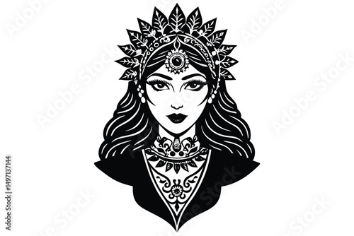 Beautiful woman's face with long flowing hair, a glamourous smile, and stylish eyes, drawn in a vector art illustration