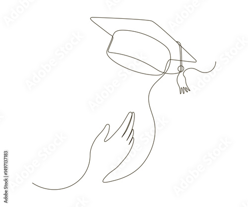 Hand throws up graduation cap continuous one line drawing. Festive graduation from university. Vector illustration
