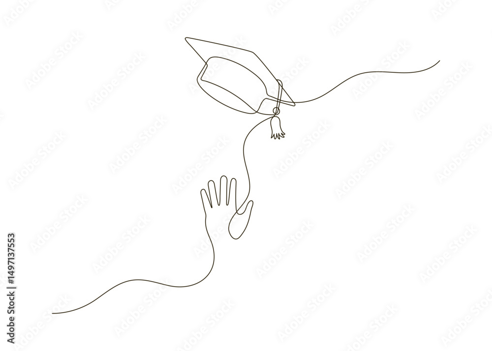 Obraz premium Hand trows gaduation cap, continuous one line drawing. Hat flying as symbol finish learning in university. Vector linear illustration