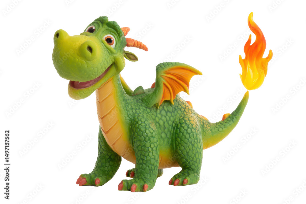 Naklejka premium Adorable Green Dragon Figurine with Flame Tail Fantasy Creature Statue