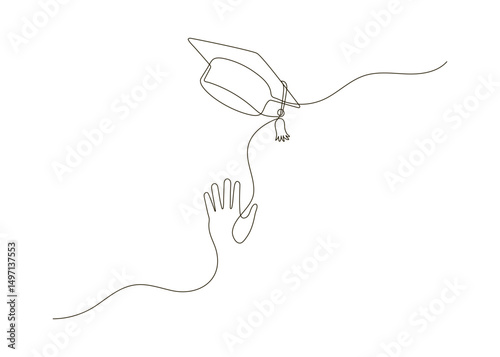 Hand trows gaduation cap, continuous  one  line  drawing. Hat flying as symbol finish learning in university. Vector linear illustration