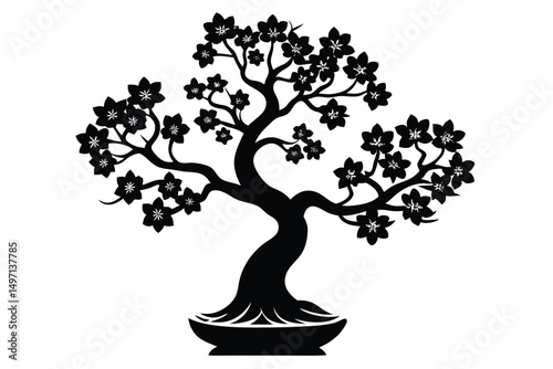 A vector tree silhouette with intricate roots and branch details embodies the essence of nature, spring, or summer, perfect as an eco-friendly floral design or symbolic illustration for any season