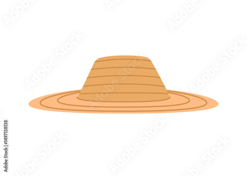 Straw sun hat. Summer head accessory, head wear. Vector flat illustration isolated