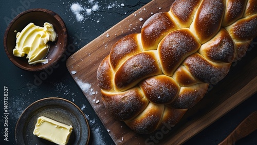 A braided bread loaf on a wooden cutting board with butter and flour nearby, shot from above. photo