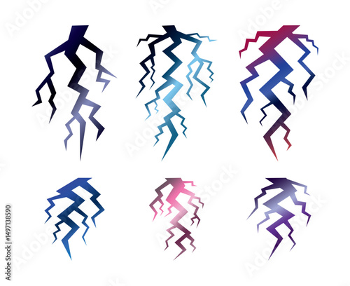 Lightning colorful effect. Night thunderstorm rays, electric power charge and thunder strike isolated vector set