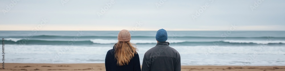 Fototapeta premium Two people are standing on a beach, one wearing a blue hat. The scene is calm and tranquil, with the ocean in the background. The two people are likely enjoying each other's company