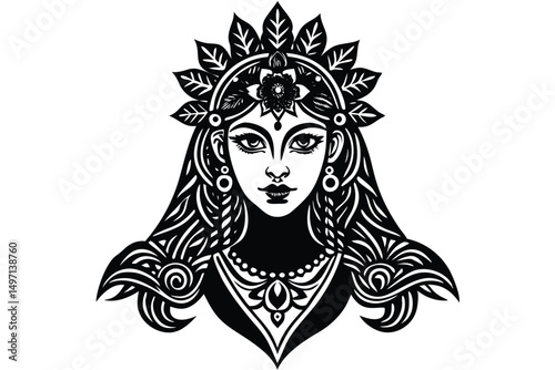 Glamour fashion vector illustration of a tribal lion and horse tattoo design on a woman's face with flowing hair and floral ornaments