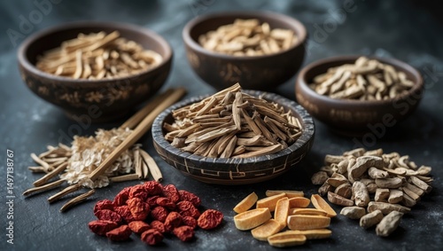 Various traditional herbs and dried ingredients in bowls and on surface, showcasing natural medicinal and culinary herbs. photo