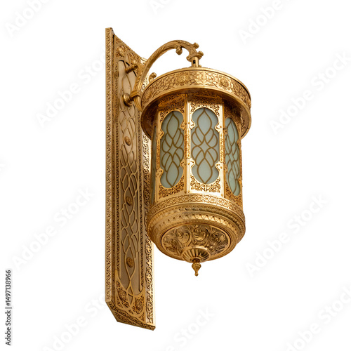 Ornate gold wall sconce, Decorative lamp on white, Fancy golden light fixture. isolated on white