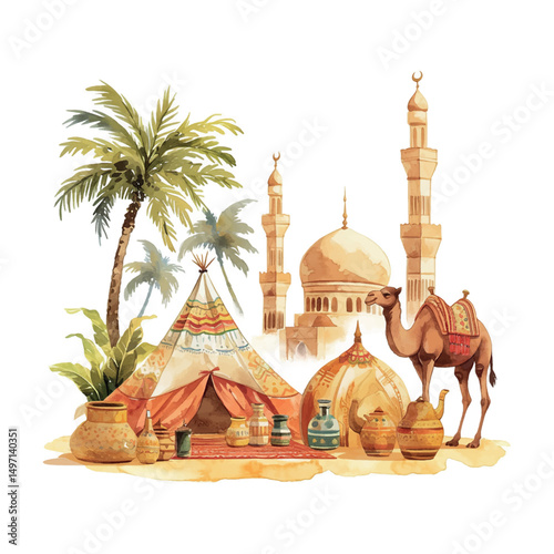 Desert landscape featuring traditional tents, palm trees, a camel, and mosque towers during daytime