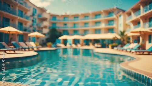A swimming pool in a hotel or resort with surrounding lounge chairs and umbrellas, set against a multi-story building. photo
