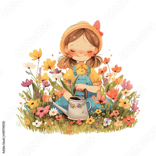 Young girl enjoying gardening surrounded by colorful flowers in a sunny setting