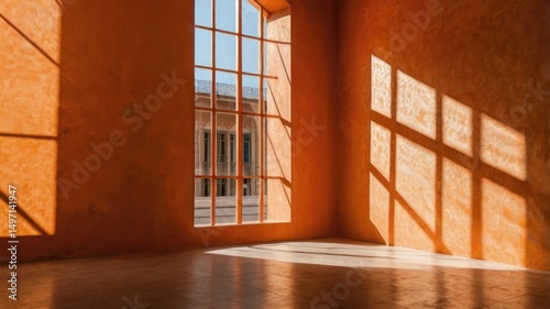 Empty Orange Interior Wall With Natural Shadow Patterns And Sunlight Reflection  
