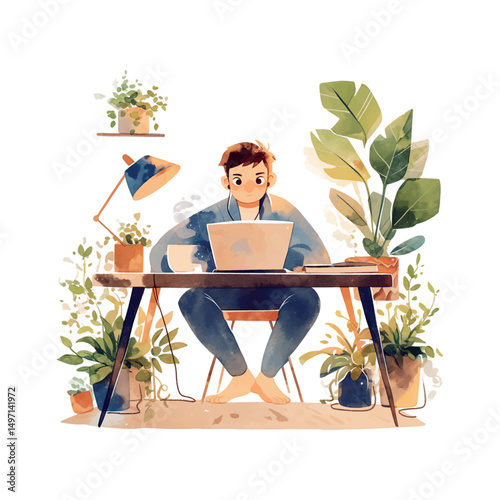 Young person working on a laptop in a cozy workspace surrounded by houseplants during the daytime