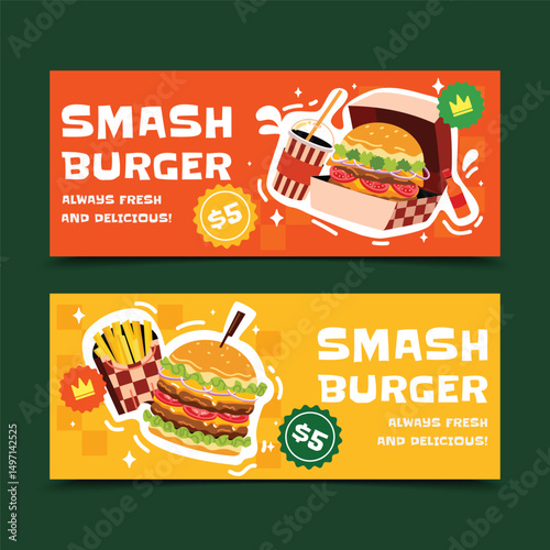 Smash burger Hand Drawn Flat Banner horizontal