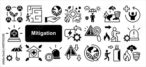 Mitigation icon collection set. Containing preparedness, disaster, risk, reduction, strategy, resilience, vulnerability icon. Simple flat vector.