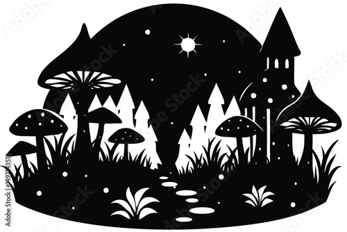 Vector art of dark forest mushrooms under a Halloween moon, illustrating a grunge landscape silhouette