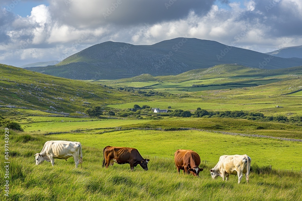 Fototapeta premium Farm Pasture. Three Cows Grazing in Grassy Field with Herd of Cattle in Background in County Clare, Ireland