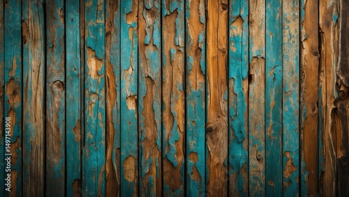 Wooden wall with peeling paint in shades of blue and brown. photo