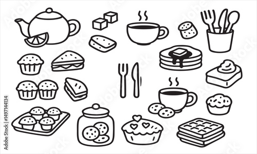 Assortment of Hand-Drawn Black and White Breakfast Food Icons, Including Muffins, Cookies, Pie, and Waffles