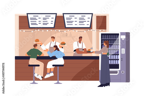 People buy fastfood, drink in stall on street food court in summer. Happy buyers eating snacks from kiosk, vending machine on counter outdoors. Flat isolated vector illustration on white background
