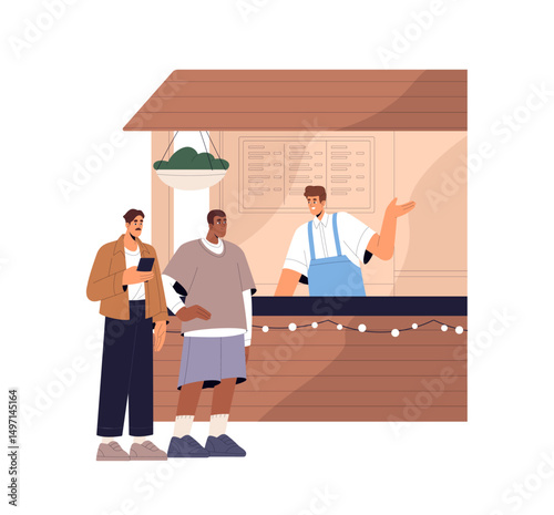 Happy people ordering eating at kiosk counter on food court in summer. Friends buy drinks, snacks, in street stall. Fastfood fest outdoors. Flat isolated vector illustration on white background