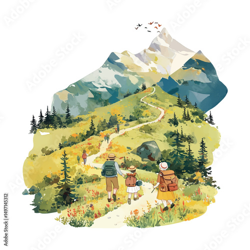 Hikers explore a winding trail through lush mountains during a bright sunny day in a picturesque landscape