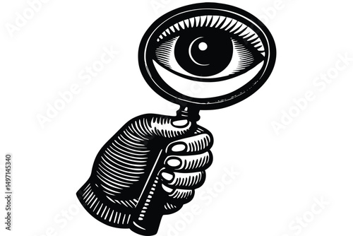 Close-up of a hand holding a magnifying glass over a blue electric fan icon, isolated on white