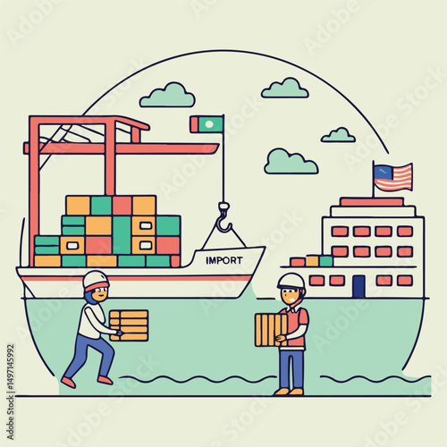 Harbor Scene with Cargo Import Ship and Dock Workers Handling Containers