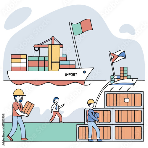 Illustration of Cargo Import and Shipping Logistics at Port