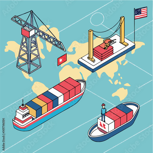 Global Shipping and Trade Network with Cargo Ships and Ports Illustration